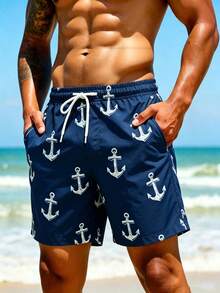 Solantero Pantalones cortos de playa con estampado minimalista para hombres de talla grande, vacaciones - Azul Marino - Ver 3
