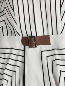 SHEIN LUNE Women's Apricot Geometric Striped Sleeveless Shirt Dress, Belted Waist A-Line Midi Dress, Elegant Casual Dress For Work, Vacation & Party - Multicolor - View 5