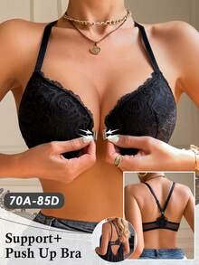 LustreForm Women's Black Underwire Sexy Lace Front Closure Push-Up Bra, 1pc - Black - View 1