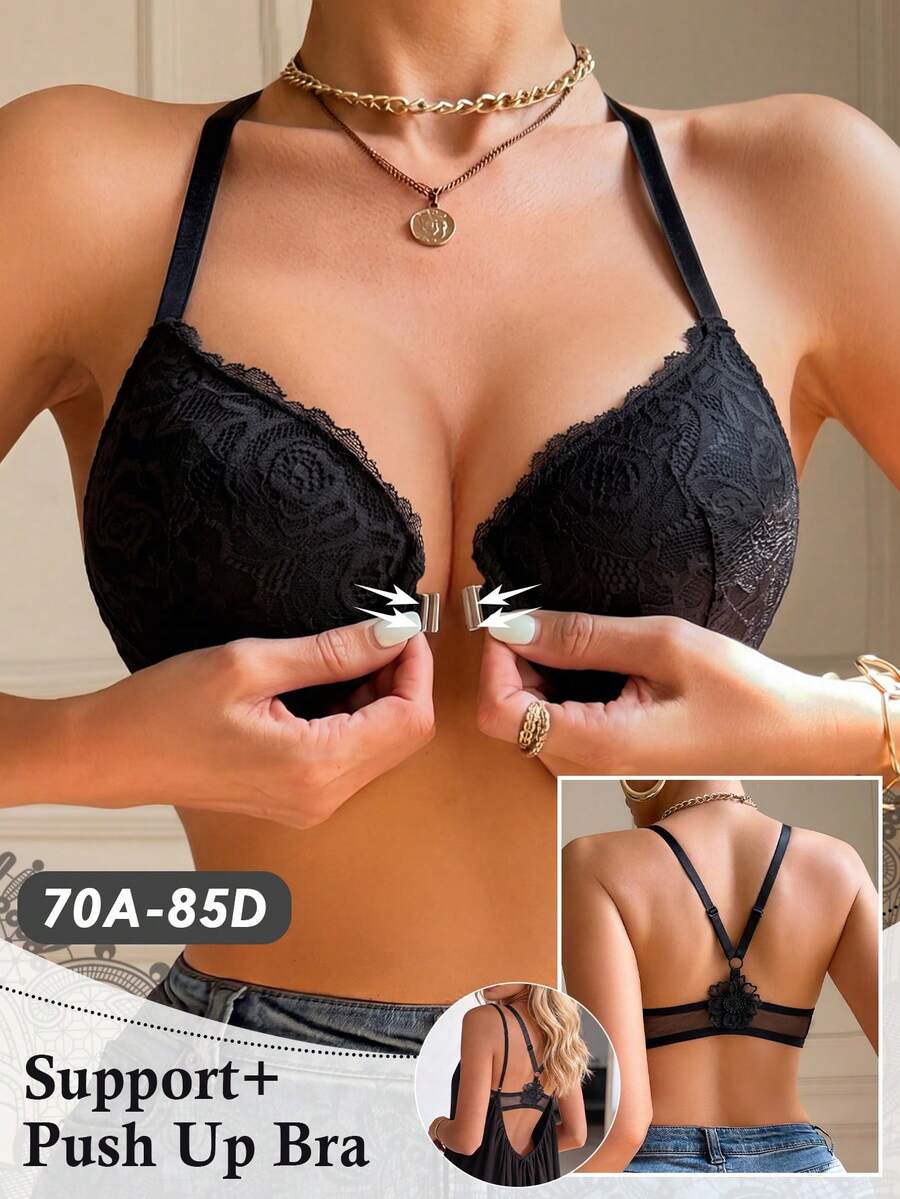 LustreForm Women's Black Underwire Sexy Lace Front Closure Push-Up Bra, 1pc - Black - View 1