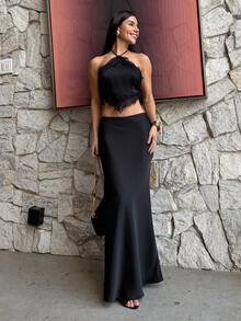 Yohana Edit Coffee Color Knit Tube Top + Long Skirt 2 Pieces Set, Vacation Casual Summer Black Elegant - Black - View 5