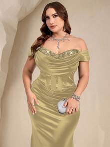 Coutiva Vestido de noche formal elegante con bloque de color, hombros descubiertos y cintura fruncida para mujer de talla grande - Amarillo - Ver 4