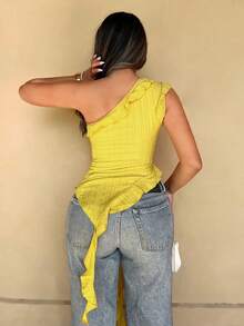 Sirith Women's Elegant Asymmetric Ruffle Shoulder Top, Textured Fabric, Asymmetric Hem, Multi-Layered Ruffles, Slim Fit Waist - Yellow - View 2