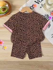 Girls' Leopard Print 2-Piece Set, Brown & Black Leopard With Pink Contrast Print Trim, Dachshund Print On Chest And Pants, Sweet & Cool Playful Style. Soft & Breathable Fabric, Suitable For Daily School, Outings, Parties, Top & Shorts Can Be Separated And Mixed & Matched For Easy Outfit Changes. - Multicolor - View 3