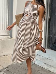 SHEIN Khaki Striped Patchwork Pleated Casual Everyday Party Travel Dress For Pregnant Women. Summer Maternity Dress. - Khaki - View 2