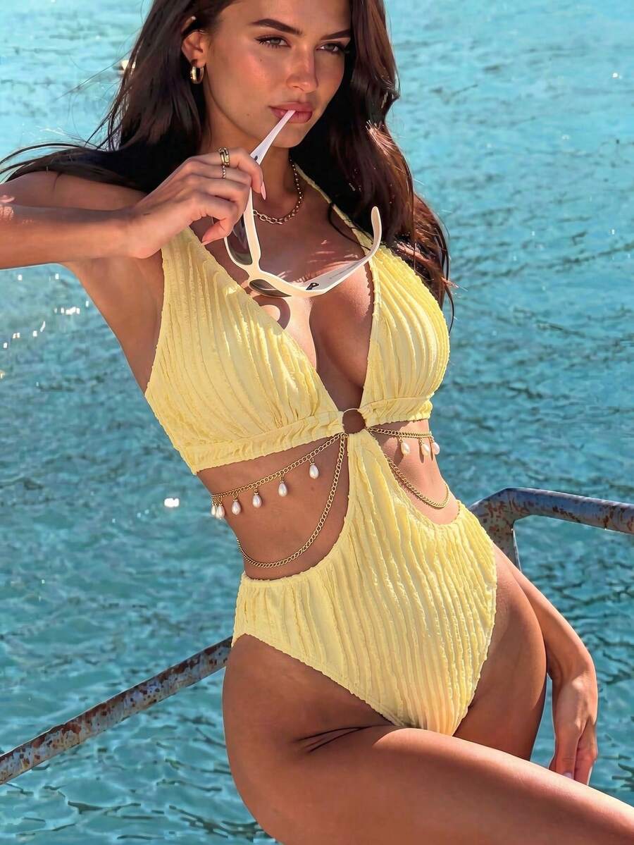 Bonvoyette Women's Solid Color Cutout One-Piece Swimsuit, Suitable For Beach Vacation, Pool Party, Beach Party - Yellow - View 1