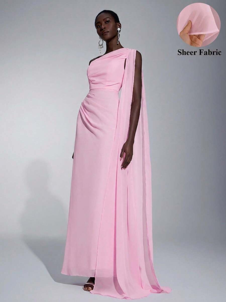 Elitara Chiffon Off-The-Shoulder Cascading Ruffle Bridesmaid Dress (Adult Size) - Baby Pink - View 1