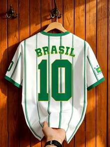 Aesthetic Post Men's Brazil Flag Graphic Short Sleeve Jersey, Number 10 Printed Fan Casual Tee, Ideal For Game Watch Parties, Weekend Strolls, Holiday - Multicolor - View 2