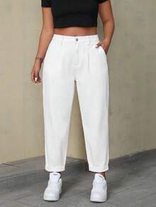 SHEIN ICON Plus Size Women's Pocket Tapered Casual Versatile Denim Jeans - White - View 5