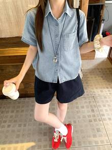 DAZY Women's Casual Loose Fit Short Sleeve Collared Light Blue Washed Denim Top With Pocket Decor Cute Tops - Blue - View 4