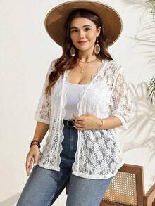 SHEIN LUNE 大尺碼女款度假法式時尚蕾絲拼接薄款開襟外套 - 白色 - 查看 6