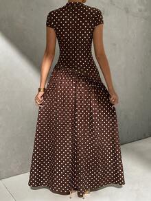 Firerie Minimalist Elegant Daily Wear Unique Solid Color Short Sleeve Fitted Stand Collar Asymmetrical A-Line Cinched Waist Long Dress - Chocolate Brown - View 3