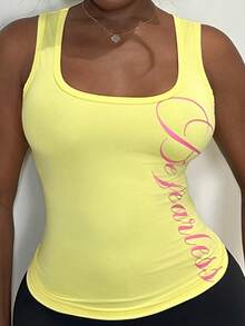 Mariisbox Women's Black Versatile Commuter U-Neck Silver English Letter Print Streetwear Slim Fit Camisole Tank Top, Suitable For Spring/Summer Casual Yellow - Yellow - View 5