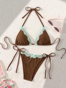 Swim Mod 女款性感可愛蕾絲蝴蝶結掛脖三角比基尼套裝，適合派對穿著 - 棕色 - 查看 1