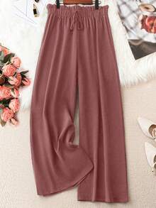 SHEIN Tall CURVE Celana Panjang Wanita Ukuran Besar Warna Polos dengan Tali Serut, Kasual, Serbaguna, untuk Perjalanan Sehari-hari - Watermelon Pink - View 1