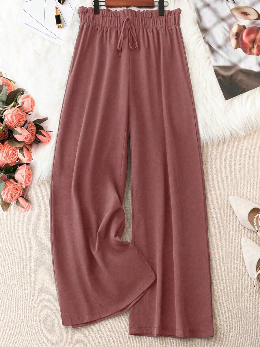 SHEIN Tall CURVE Celana Panjang Wanita Ukuran Besar Warna Polos dengan Tali Serut, Kasual, Serbaguna, untuk Perjalanan Sehari-hari - Watermelon Pink - View 1