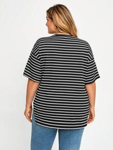 Plussiva Plus Size Maternity Round Neck White Casual Versatile Daily Wear Top Summer - Black and White - View 2