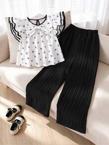 SHEIN Elladie kids 2件組 青少年女孩春夏新款休閒通勤裝，白色圓領波浪條紋蝴蝶結裝飾寬鬆飄逸袖上衣，搭配簡約百搭黑色梭織直筒長褲，適合日常外出 - 黑與白 - 查看 3