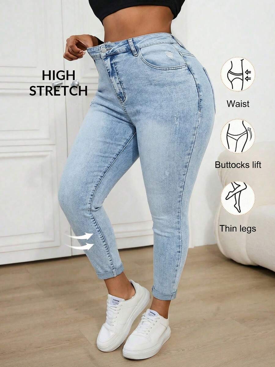 SHEIN ICON Plus Size Distressed Blue Denim Skinny Jeans - Light Wash - View 1