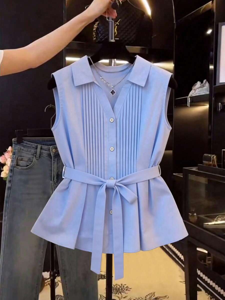 Franclia V领褶皱无袖系带女式衬衫 新款优雅休闲女式衬衫 女式上衣和衬衫 女式松紧腰衬衫 女式衬衫 最新款女式上衣 新款女式衬衫 商务休闲女式上衣 新款女式衬衫 热销款 最新款女式上衣 新款女式衬衫 新款优雅休闲 - 藍色 - 查看 1