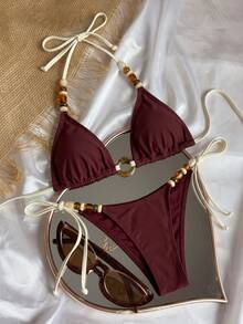 Swim Basics 女款純色串珠環飾掛脖綁帶性感比基尼兩件式泳衣套裝，白色紮染，適合海灘度假夏季 - 黑色 - 查看 3