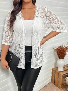SHEIN LUNE 大尺碼女款度假法式時尚蕾絲拼接薄款開襟外套 - 白色 - 查看 8