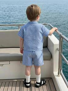 DAZY Baby Boys' Korean Style Striped Collar Shirt Set Summer Toddler - Blue - View 2