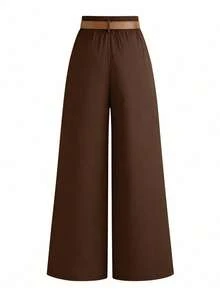 SHEIN Tall CURVE Große Größen TALL Serie Damen minimalistische plissierte gerade geschnittene Hose, geeignet für den Arbeitsweg - Braun - Übersicht 2