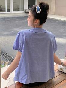 Dazy Plus 格紋彼得領休閒韓系學院風短袖大尺碼女款春夏藍色襯衫 - 藍色 - 查看 9