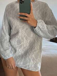 DAZY 女款時尚蕾絲度假牛仔圓領長袖T恤，灰色，夏季日常休閒優雅 - 灰色 - 查看 5