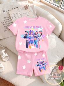 1 Set Young Girls' Light Pink Summer Casual Fashionable Sweet K-POP Girl Pattern & Pentagram Print Short Sleeve T-Shirt And Cycling Shorts Set - Multicolor - View 3