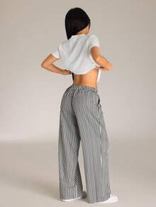 SHEIN PETITE 2pcs/Set Casual Pony Logo Printed Round Neck Short Sleeve Top And Striped Print Pants Striped Outfits White T-Shirt Striped Pants ,Petite Women - Multicolor - View 2