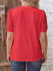 EMERY ROSE Women's Spring/Summer New Hot-Selling Lace Patchwork Design Casual Versatile Plus Size T-Shirt - Red - View 2