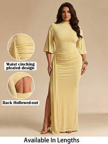SHEIN Tall CURVE Plus Size Butter Yellow Summer Elegant Business Casual Sexy Formal Modest Backless Ruffle Hem Dress Tall Curve Solid Color Shiny Long Wedding Evening - Yellow - View 1