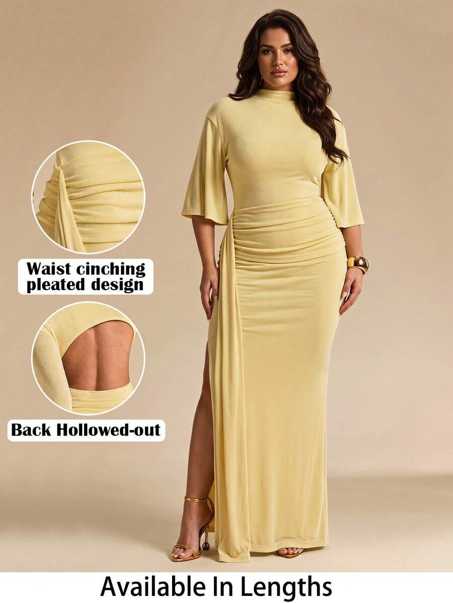 SHEIN Tall CURVE Plus Size Butter Yellow Summer Elegant Business Casual Sexy Formal Modest Backless Ruffle Hem Dress Tall Curve Solid Color Shiny Long Wedding Evening - Yellow - View 1