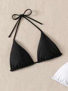 SHEIN Swim Women's Solid Color Bikini Top For Beach Vacation - Black and White - View 4