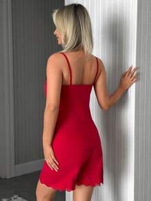 SHEIN Cottnline Women's Red Lace Trim Pajama Sets - Red - View 2