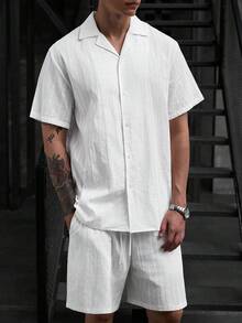Manfinity Homme 男士休閒紋理襯衫與短褲寬鬆套裝 - 白色 - 查看 7