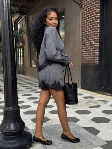 Alexandranx Urban Casual Lace Asymmetric Hem Patchwork Striped Short Shirt And Shorts Set, Black Lace Decor Women 2 Pieces Shorts Set Shirt Set, Holiday Outfits, Casual , Beach Outfits For Women, Elegant Dress Women , Beach Shorts, Spring Break Outfits , Two-Piece Commuter Set,Grey Striped Set 2 Piece Sets Woman Classy - Grey - View 6