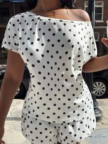 Alexandranx White Base Polka Dot Women's Asymmetric Neck Short Sleeve Top And Shorts Casual Suit,Summer Clothes Women Two Pieces Set Women Short Sleeve Elegant - Black and White - View 6
