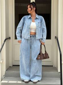 Muchica Plus Size Women's Long Sleeve Single-Breasted Shirt And Wide Leg Jeans Casual 2 Pieces Set - Baby Blue - View 5