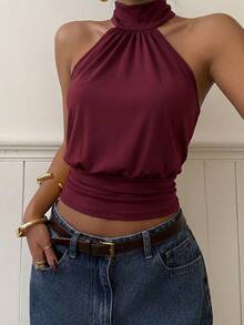 Muchica Wine Red Knit Halter Neck Women's Top - Burgundy - View 4