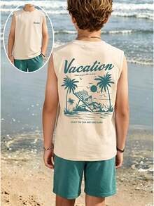 Tween Boy Casual Comfortable Fashion Minimalist Crew Neck Tank Top & Shorts Set Matching Set Vacation Squishy Y2k Beach Boho 4th Of July Summer Outfit - White - View 3