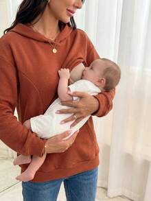 SHEIN 孕妇垂肩袋鼠口袋长袖哺乳连帽衫 - 鏽棕色 - 查看 5
