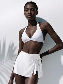 SHEIN Women's Simple Solid Color Wrap Tie Waist Beach Vacation Holiday Pool Party Shorts, Summer Holiday White Modest Casual - White - View 3