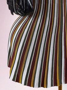 Amplova Colorblock Multicolor Stripes Polo Collar Cinched Waist A-Line Knit Mini Dress Brunch Autumn Elegant Classy - Multicolor - View 6