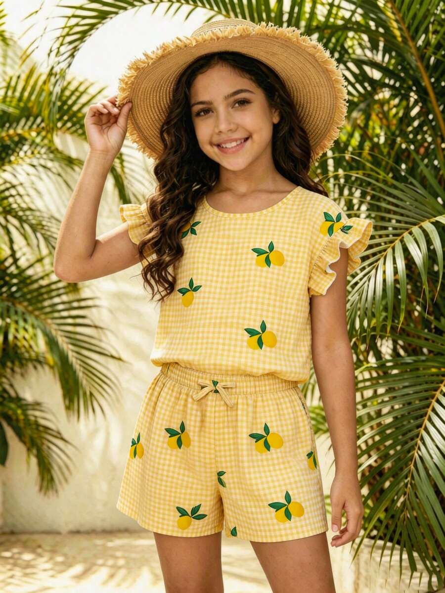 SHEIN Tween Girls Spring/Summer Vacation Tropical Beach Holiday Versatile Round Neck Ruffle Loose Top And Shorts Faux Denim Woven Solid Color Shirt Set - Yellow - View 1