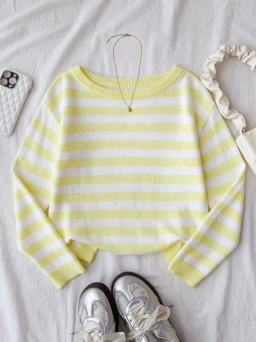 Sweater Kasual Longgar Bergaris Kuning & Putih untuk Anak Perempuan Remaja, Lengan Panjang dengan Bahu Jatuh dan Kerah Bulat - Kuning - View 1
