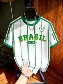Aesthetic Post Men's Brazil Flag Graphic Short Sleeve Jersey, Number 10 Printed Fan Casual Tee, Ideal For Game Watch Parties, Weekend Strolls, Holiday - Multicolor - View 3