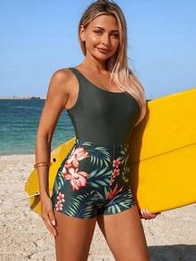 Swim Lushoire 女款花卉印花拼接連身泳衣 - 墨綠色 - 查看 5